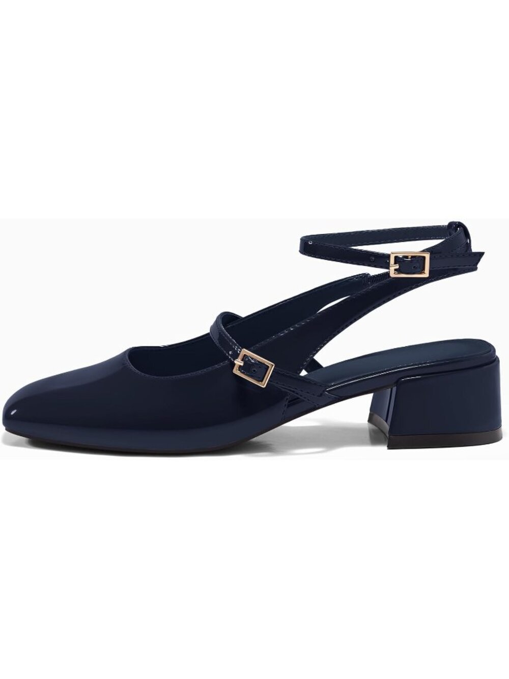 Women's Navy Mary Jane Chunky Low Heel Closed Square Toe Ankle Strap Pump Shoe - Picture 4 of 6